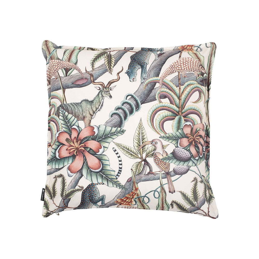Back view of the Pangolin Park Pillow showcasing the continuous cream tropical wildlife print with an antelope, birds, and climbing leopards among tree branches.