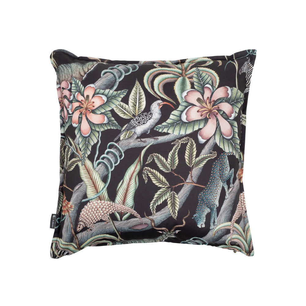 Back view of the Pangolin Park Pillow showcasing the continuous dark tropical wildlife print with a leopard climbing a tree and a bird perched on a branch.