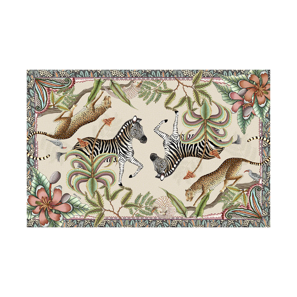 Pangolin Park tablecloth with zebras, leopards, pangolin, aloes, magnolias, and patterned border.