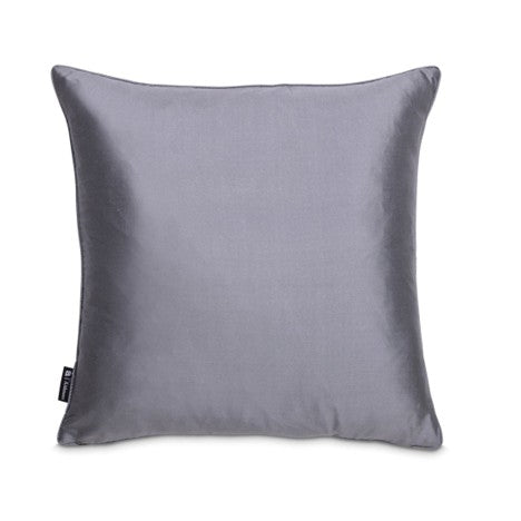 Back view of the square decorative pillow in solid gray fabric.