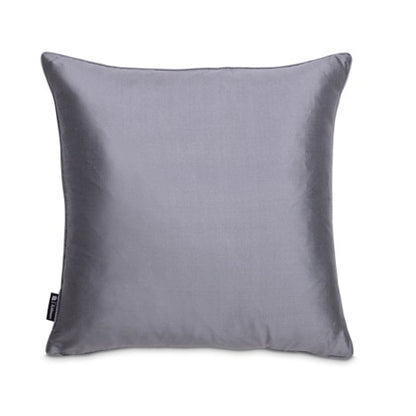 Back view of the square decorative pillow in solid gray fabric.