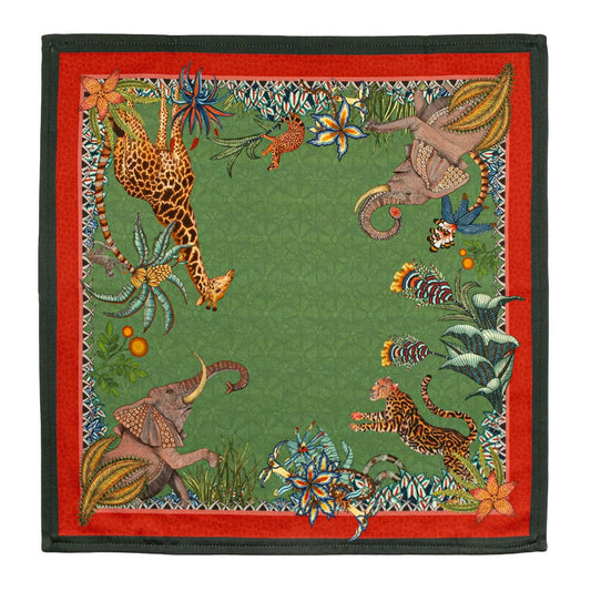 Sabie Forest Napkin featuring a green center framed in red and dark green with illustrated African wildlife including a giraffe, elephants, and a tiger surrounded by colorful tropical foliage.