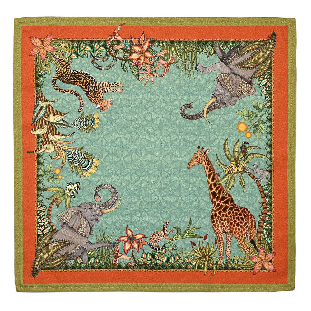 Sabie Forest Napkin featuring a soft aqua center surrounded by illustrated wildlife including a giraffe, tiger, and elephants with tropical foliage and coral and olive green borders.