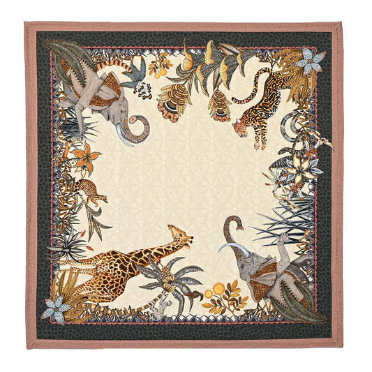 Sabie Forest Napkin featuring a cream center surrounded by illustrated giraffes, elephants, a tiger, tropical foliage, and floral details with dark green and dusty rose borders.