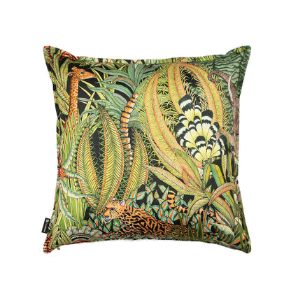 Reverse view of the Sabie Forest Pillow displaying the continued botanical forest pattern with a hidden leopard and giraffe amid green leaves. 