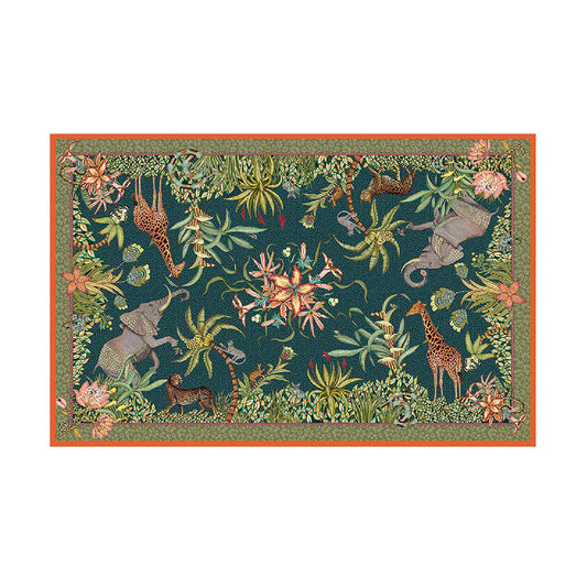 The Sabie Forest Tablecloth Small in dark green laid flat, featuring a rectangular design with a rich forest green base adorned with illustrated elephants, giraffes, leopards, and lush tropical foliage, finished with a patterned light green border and orange trim.