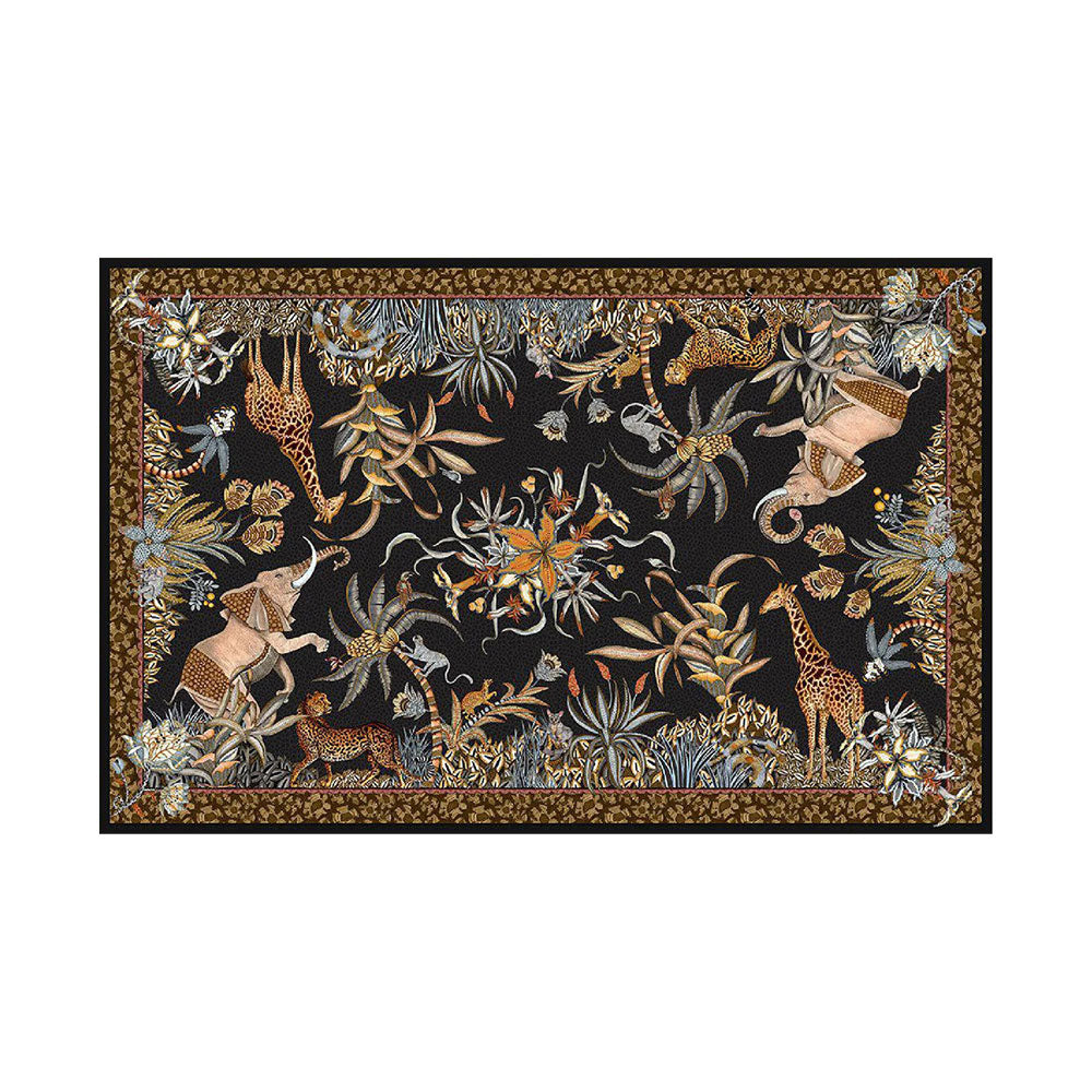 Full top-down view of the Sabie Forest Tablecloth laid flat on a white background, featuring a dark charcoal background with detailed illustrations of elephants, giraffes, leopards, and tropical foliage framed by a brown patterned border.