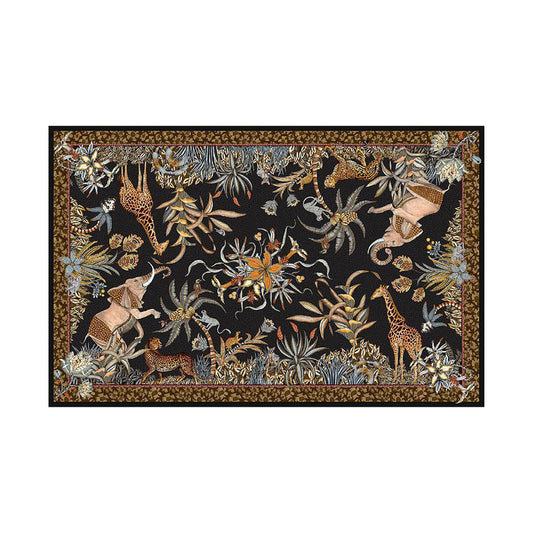 Full top-down view of the Sabie Forest Tablecloth laid flat on a white background, featuring a dark charcoal background with detailed illustrations of elephants, giraffes, leopards, and tropical foliage framed by a brown patterned border.