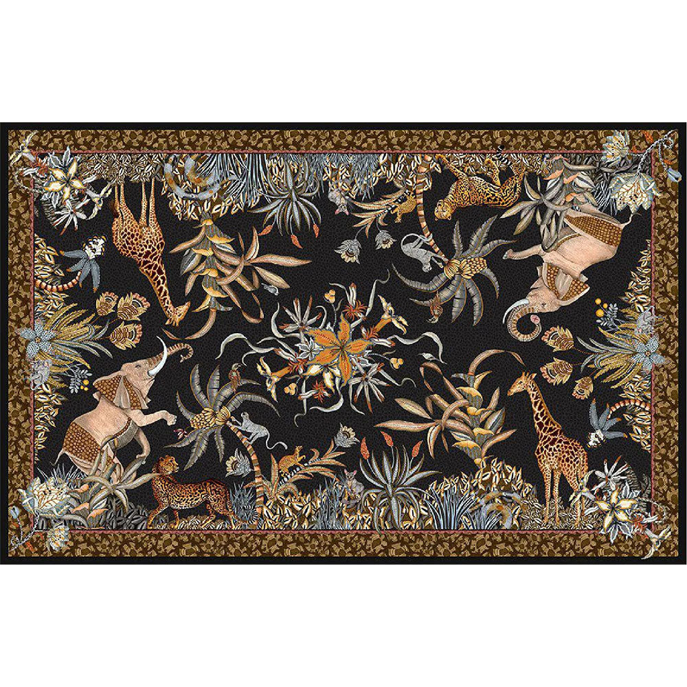The Sabie Forest Tablecloth Large in black laid flat, showcasing a full view of the rectangular design with a dark background featuring giraffes, elephants, leopards, and lush botanical elements, bounded by a patterned decorative border.
