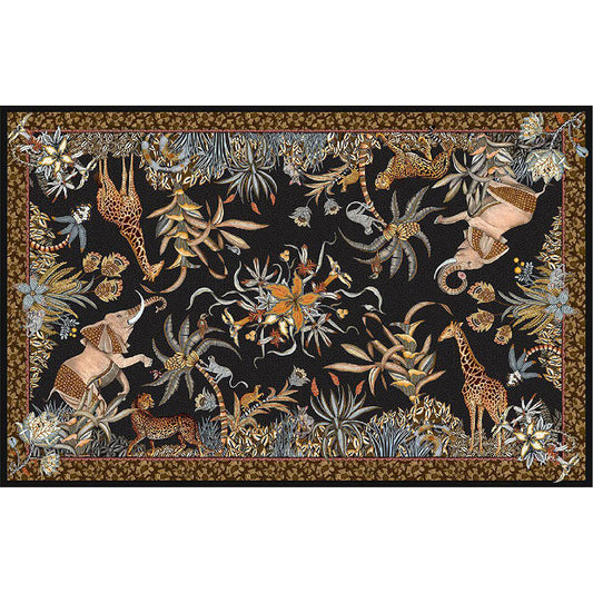 The Sabie Forest Tablecloth Large in black laid flat, showcasing a full view of the rectangular design with a dark background featuring giraffes, elephants, leopards, and lush botanical elements, bounded by a patterned decorative border.