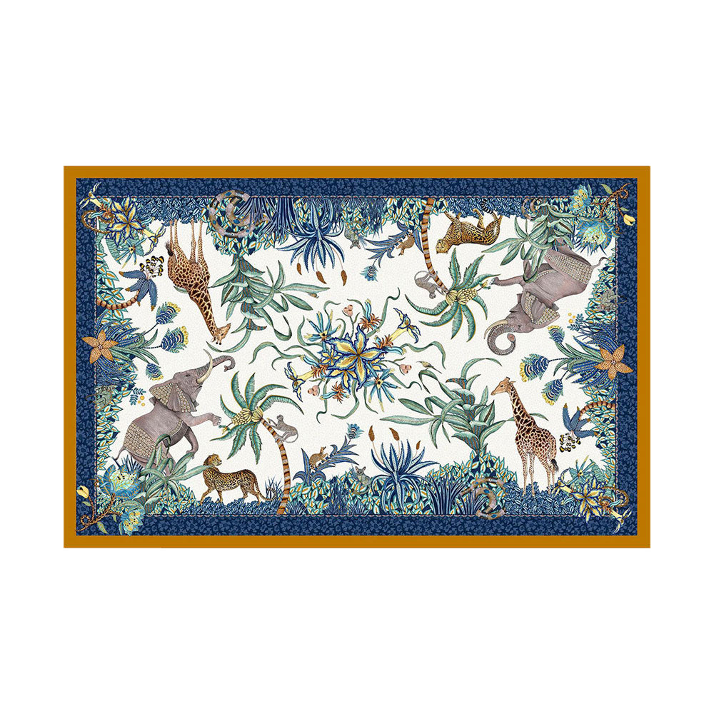 Rectangular Sabie Forest tablecloth laid flat, featuring a symmetrical off-white center filled with detailed illustrations of elephants, giraffes, leopards, monkeys, and tropical plants, framed by a dark blue ornate border and a gold outer edge. 