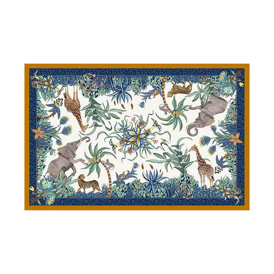 Rectangular Sabie Forest tablecloth laid flat, featuring a symmetrical off-white center filled with detailed illustrations of elephants, giraffes, leopards, monkeys, and tropical plants, framed by a dark blue ornate border and a gold outer edge. 