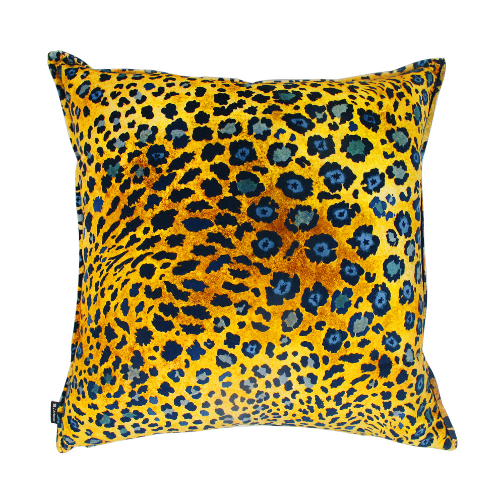 Safari Spot Pillow shown from the opposite side, featuring a vivid yellow leopard pattern with black, navy, and blue spotted details.