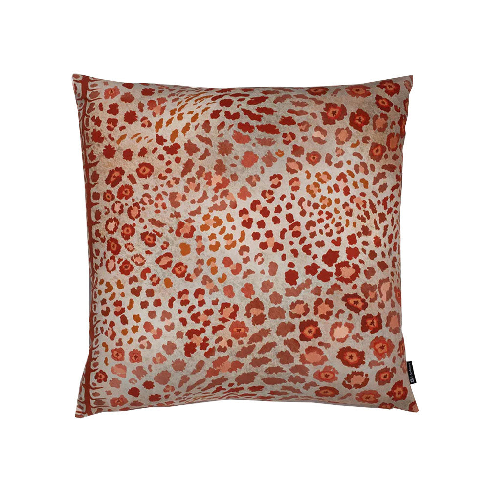 Front view of the square Safari Pillow featuring a rust-red and beige leopard spot print on soft velvet fabric.