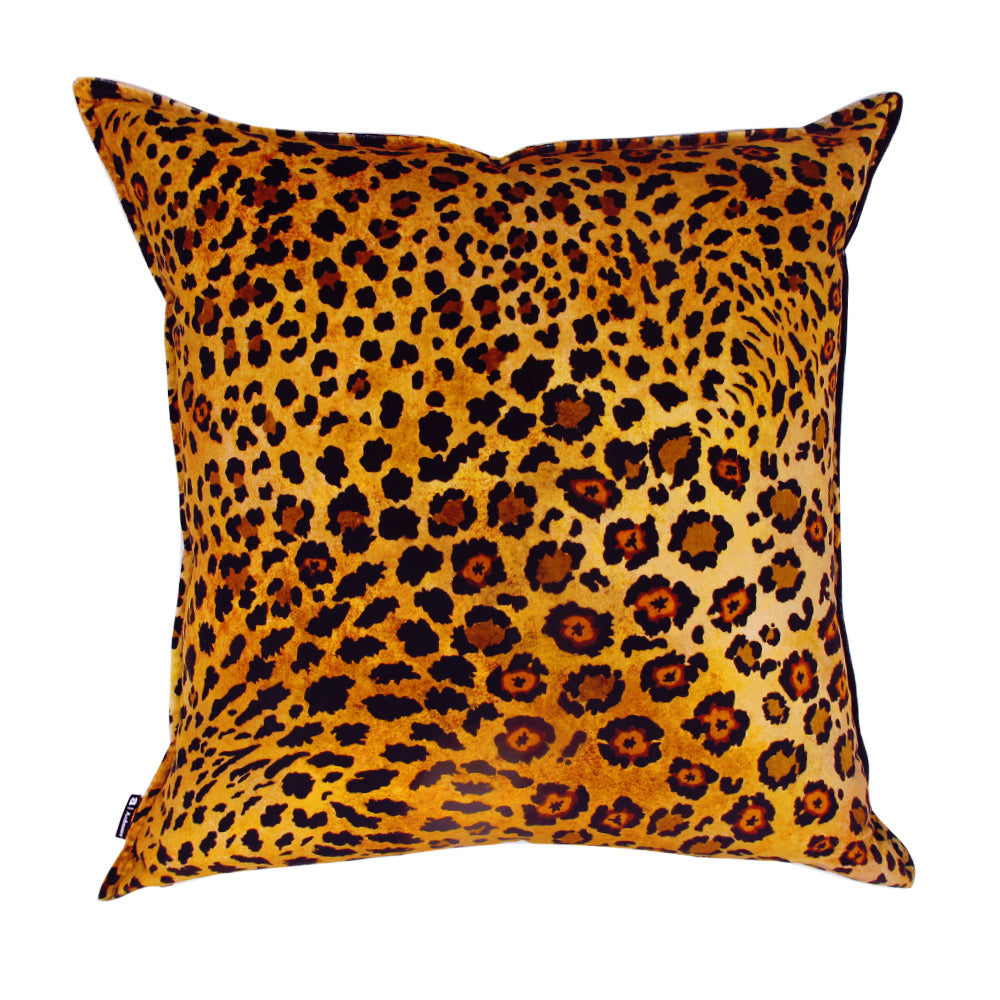 Back view of the square Safari Spot Pillow showcasing the continuous leopard print velvet pattern and piped edges.