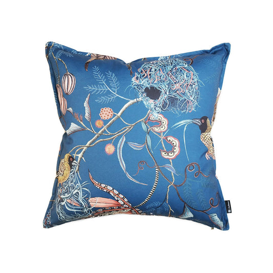 Front view of the square Thanda Nest Pillow in ocean blue featuring woven bird nests, weaver birds, and botanical vines.