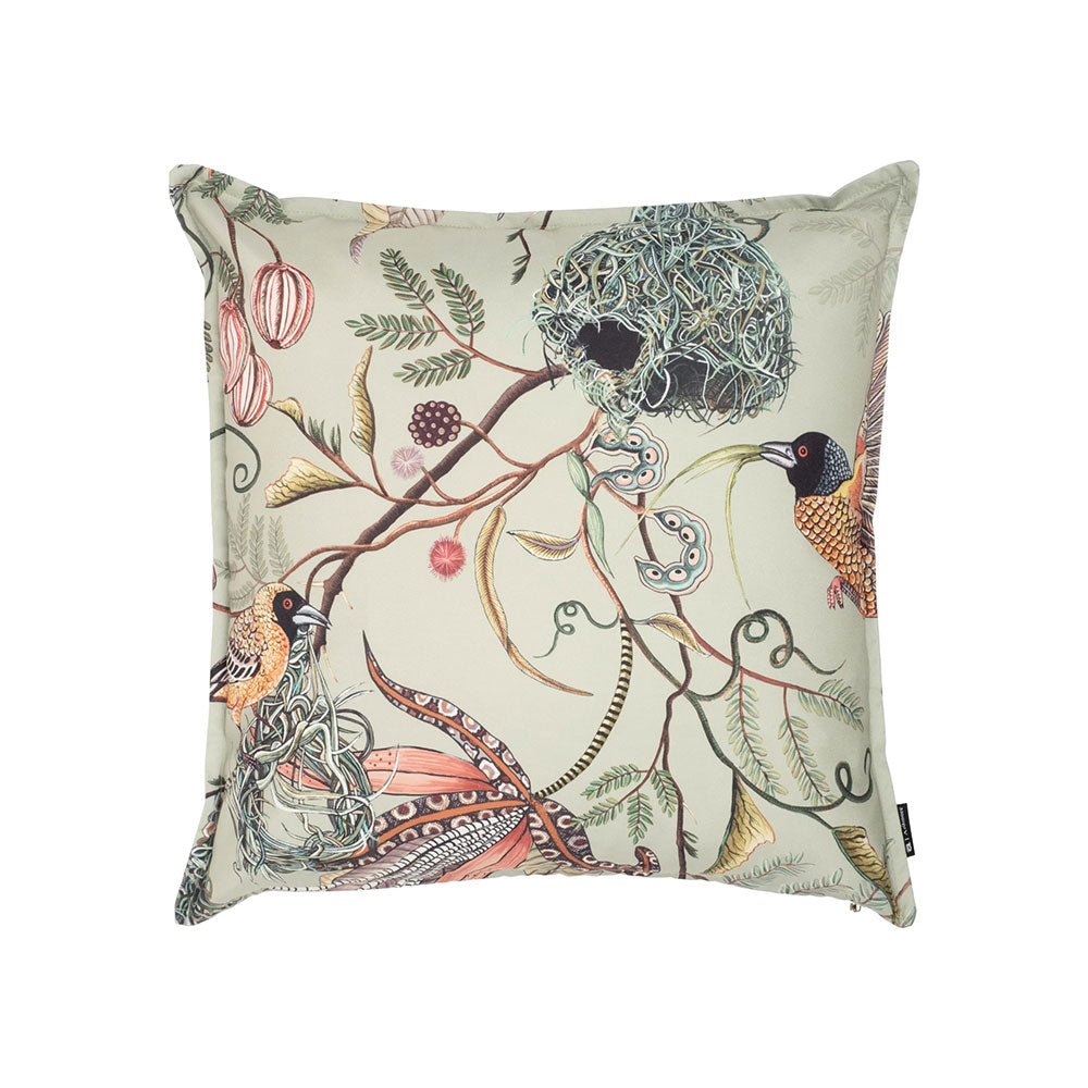 Front view of the square Thanda Nest Pillow in sage green featuring woven bird nests, weaver birds, and botanical foliage.