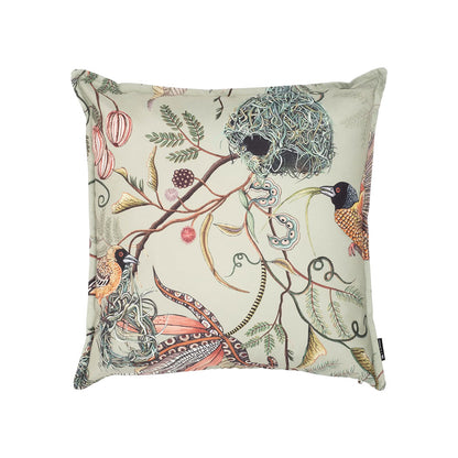 Front view of the square Thanda Nest Pillow in sage green featuring woven bird nests, weaver birds, and botanical foliage.