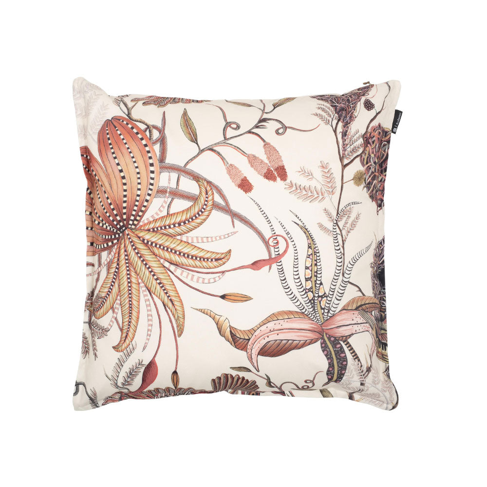 Back view of the square cream Thanda Nest Pillow showcasing large stylized orange and pink tropical flowers with delicate vines and tendrils.
