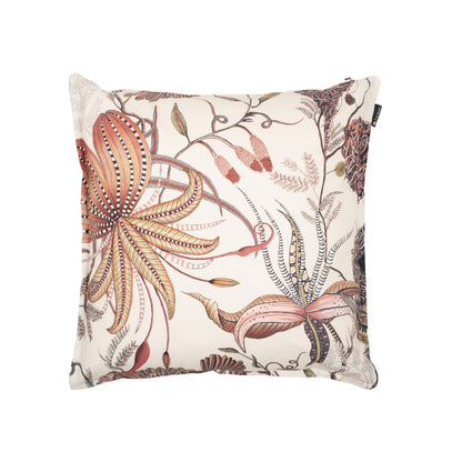 Back view of the square cream Thanda Nest Pillow showcasing large stylized orange and pink tropical flowers with delicate vines and tendrils.
