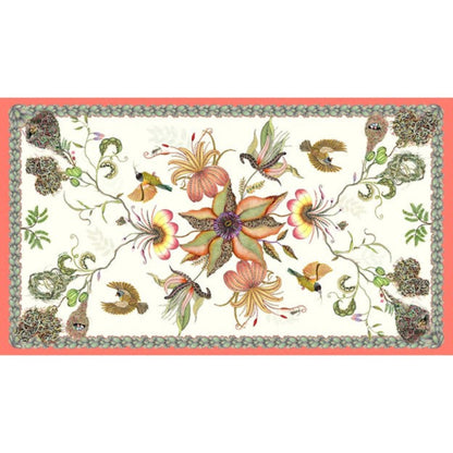 Thanda Nest tablecloth in parakeet with African masked weaver birds, flowers, foliage, and woven nest details.