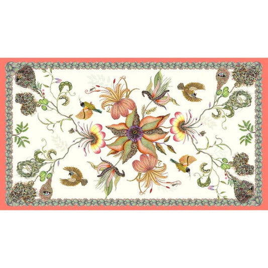 Thanda Nest tablecloth in parakeet with African masked weaver birds, flowers, foliage, and woven nest details.