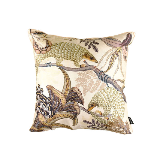 Thanda Pangolin pillow in pearl silk with pangolins, butterflies, flowers, and botanical details.