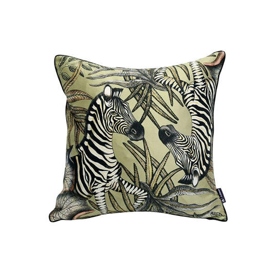 Thanda Stripe pillow in delta green silk with two zebras illustrated among botanical foliage.