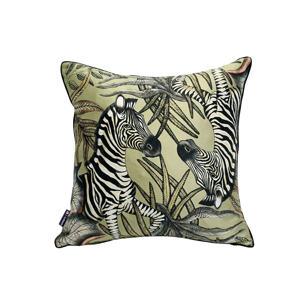 Thanda Stripe pillow in delta green silk with zebra pair and leafy Ardmore design.
