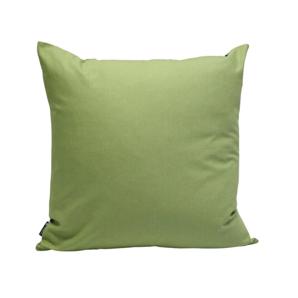 Back view of Thanda Stripe pillow with solid green cotton fabric.