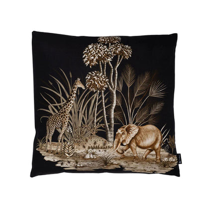 Front view of the square Thanda Toile Pillow featuring a beige and golden-brown toile illustration of a giraffe, elephant, and tall palm trees set against a rich black background.