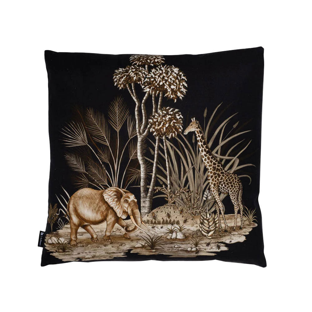 Back view of the square black Thanda Toile Pillow showcasing the beige and golden-brown wildlife safari toile scene with an elephant, giraffe, and tropical vegetation.
