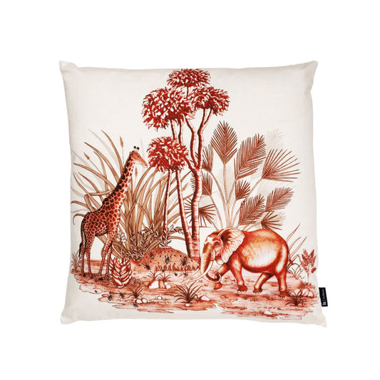 Front view of the square Thanda Toile Pillow featuring a blue toile illustration of a giraffe, elephant, and palm trees against a off-white fabric background.