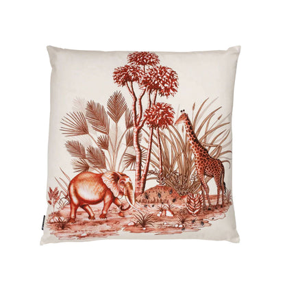 Back view of the square off-white Thanda Toile Pillow showcasing the blue wildlife safari toile scene with an elephant, giraffe, and tropical trees.