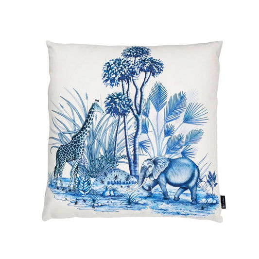 Front view of the square Thanda Nest Pillow in cream featuring a flying weaver bird with outstretched wings among woven nests and tropical foliage.