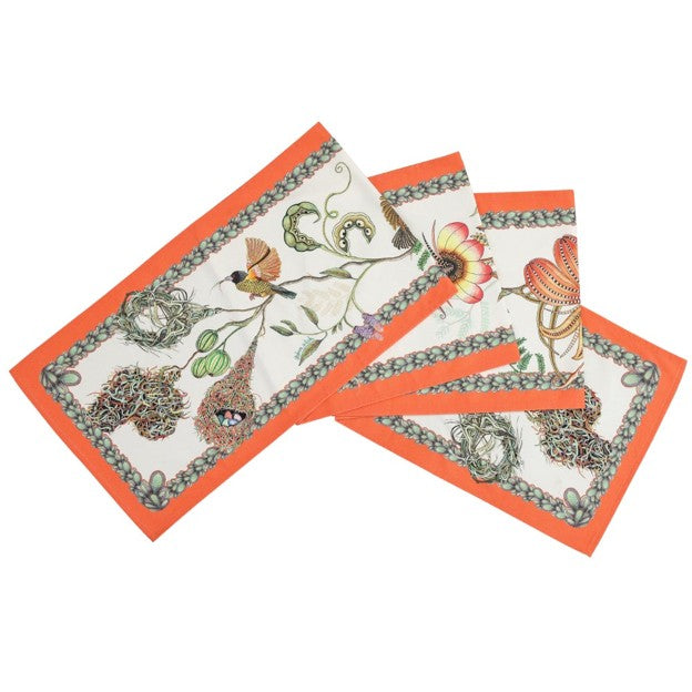 Folded Ardmore table runner featuring colorful birds, woven nests, flowers, curling vines, and botanical details on a cream background with a coral-orange border.